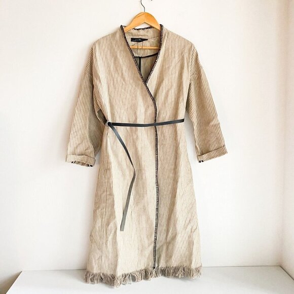 Zara Linen Striped Belted Whipstitch Simple Minimalist Coat S - Picture 3 of 10